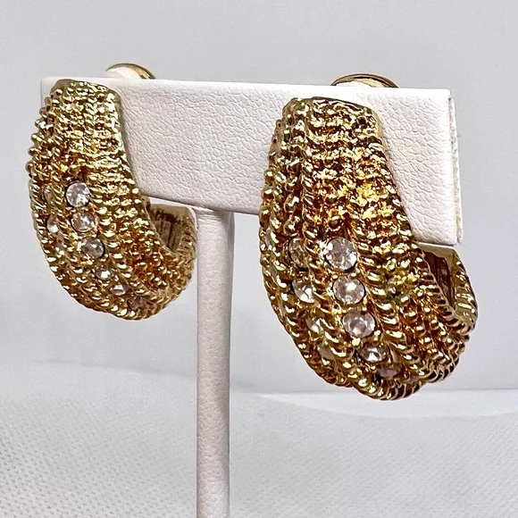Vintage Louis Dell ‘Olio Gold Plated Pave’ Rhinestone Clip On Earrings EUC - Picture 3 of 11